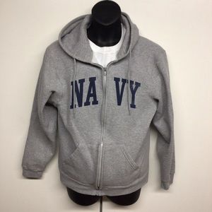 Gray Full Zipper “Navy” Hooded Sweatshirt
